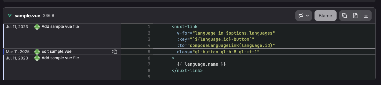 Blame button output Git blame output